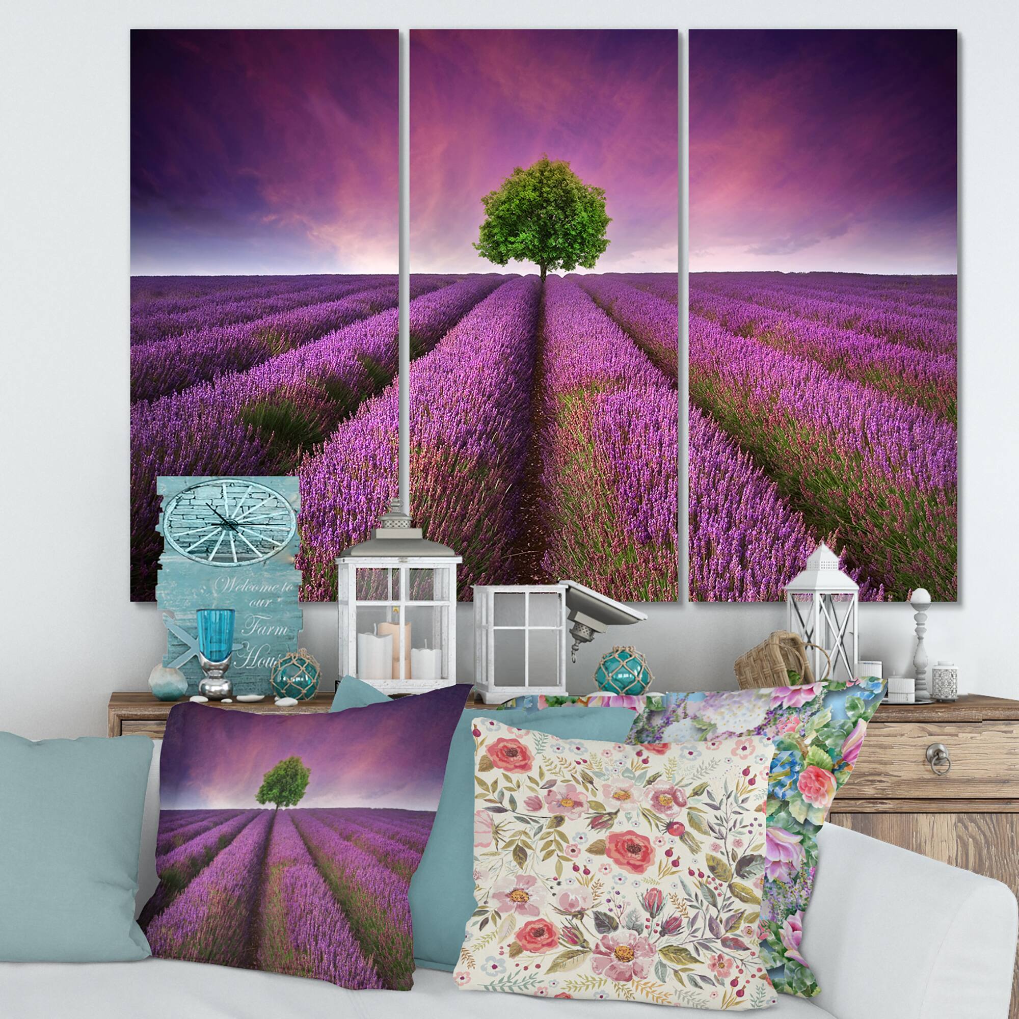 Designart - Stunning Lavender Field Summer Sunset With Tree